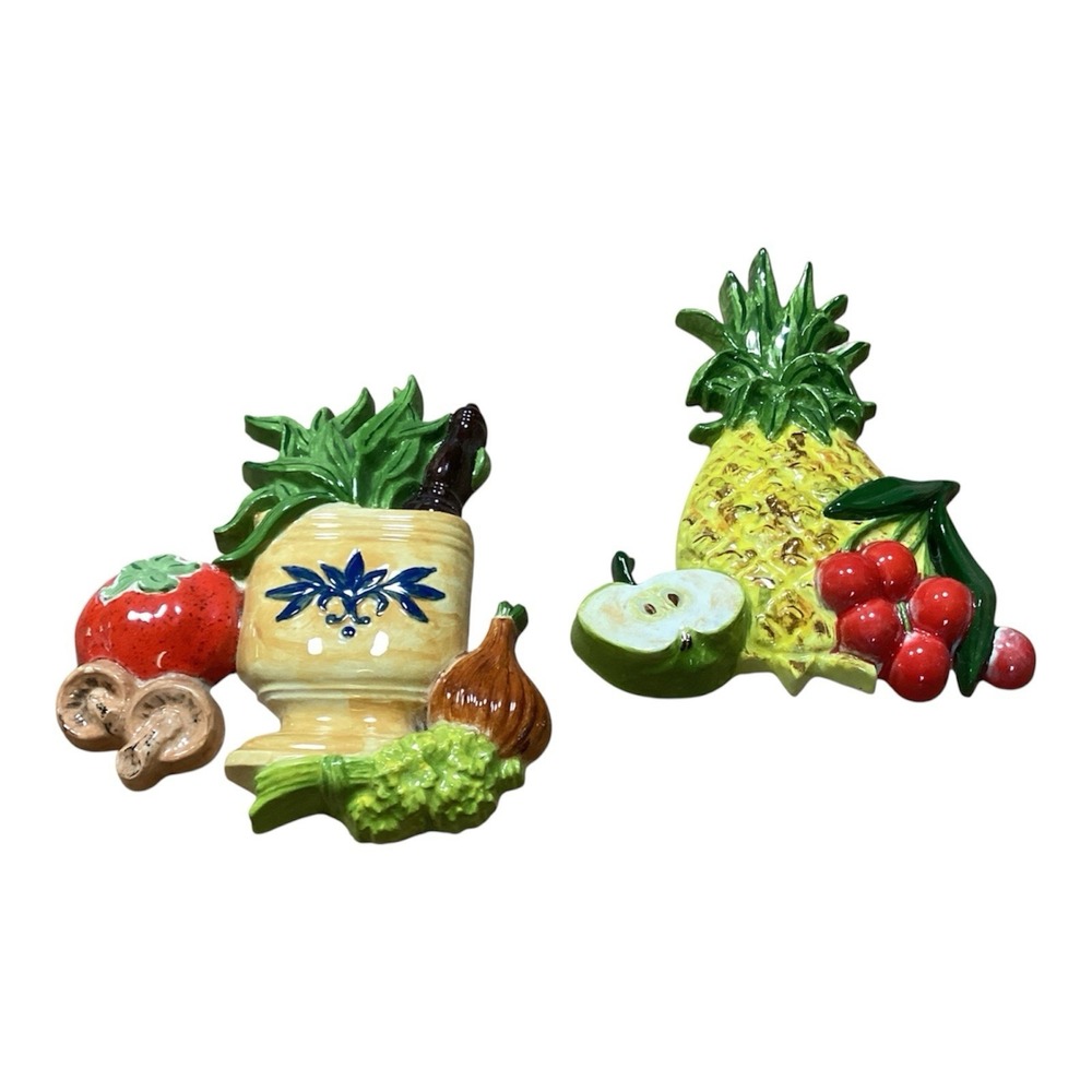 Vtg SET OF 2 Fruit  & Vegetable CHALKWARE WALL PLAQUES CHERRY Pineapple Mushroom